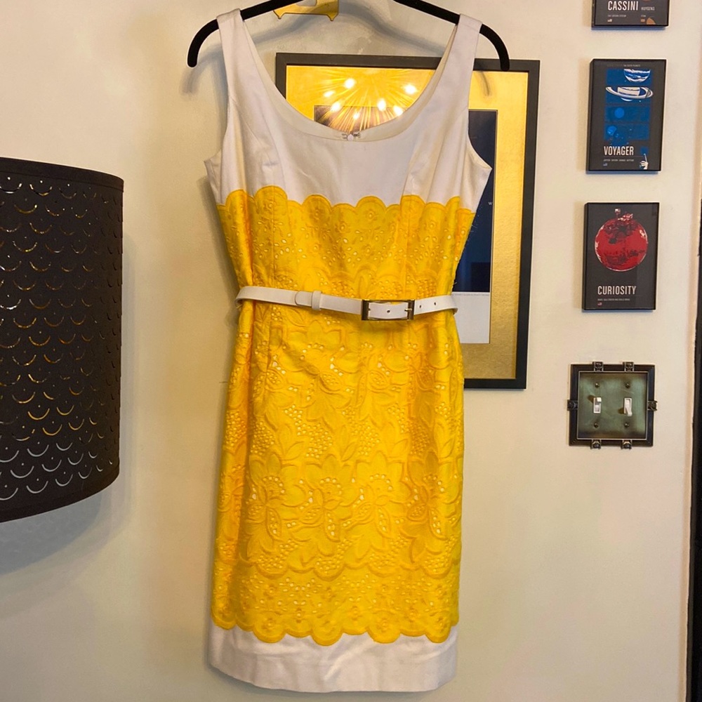 Antonio Melani Yellow & White Eyelet Lace Belted Sheath Dress